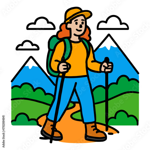 Young caucasian female hiker with red hair walking in mountain landscape.