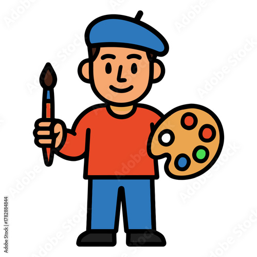Cartoon artist with palette and brush wearing a blue beret.