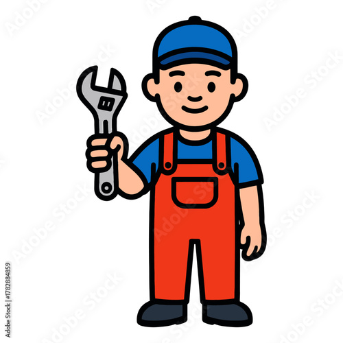 Cartoon male mechanic holding wrench in red overalls and blue cap.