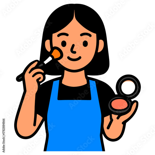 Asian female applying makeup with brush and blush - cartoon illustration.