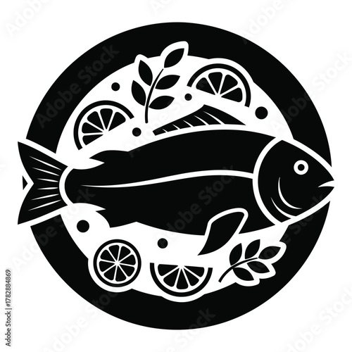 Black and white fish icon with lemon and herbs decoration