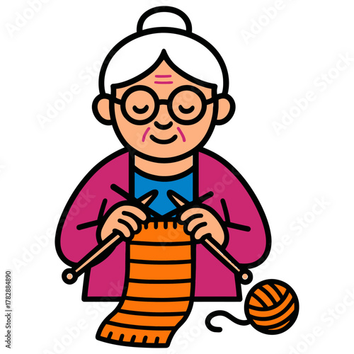 Elderly caucasian female knitting with orange yarn and needles.
