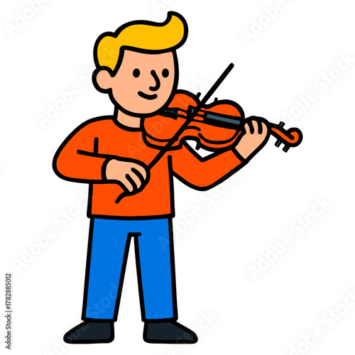 Cartoon of a young caucasian male playing a violin with a smile.