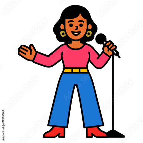 Illustration of female singer with microphone, performing in colorful attire.