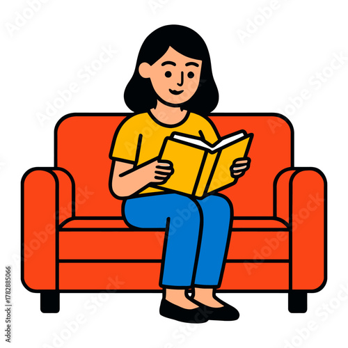 Young asian female reading on an orange sofa.