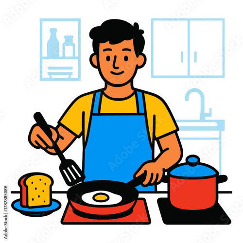 Young hispanic male cooking breakfast in kitchen with frying pan and toast.