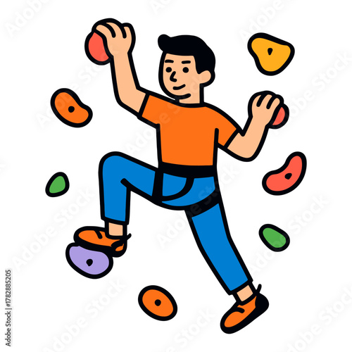 Male climber young caucasian cartoon character climbing colorful holds.