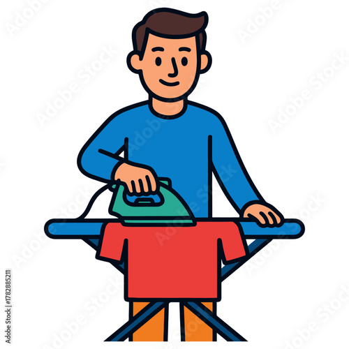 Young caucasian male ironing red shirt on blue ironing board.