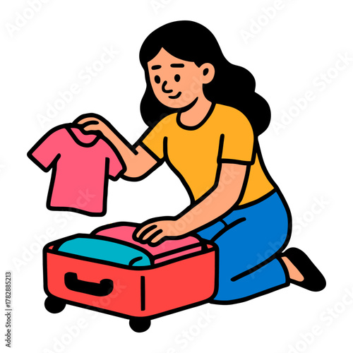Hispanic female packing clothes in red suitcase for travel.