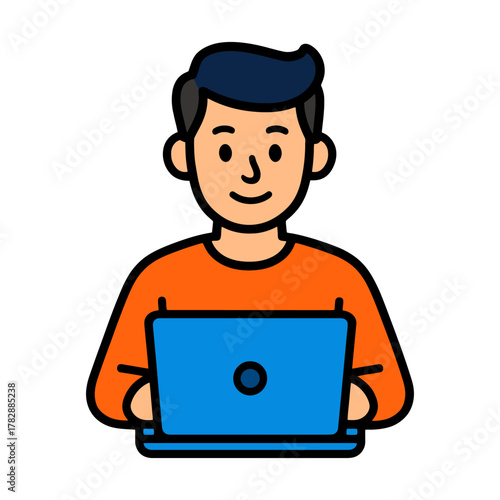 Cartoon illustration of a caucasian male using a laptop.