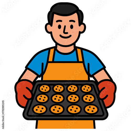Smiling male baker holding cookie tray in apron and gloves, cartoon style.