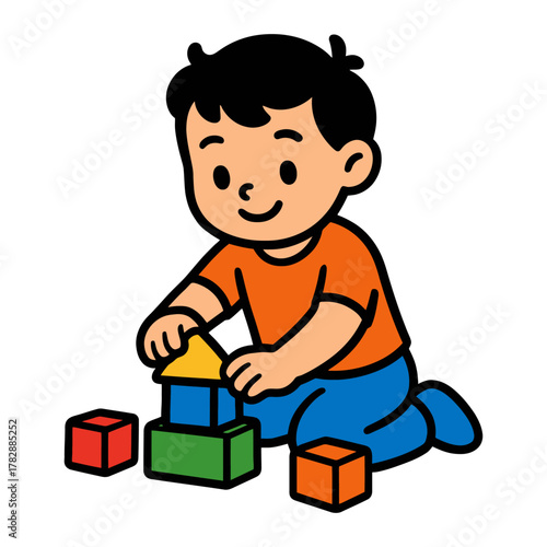 Asian young child playing with colorful building blocks.