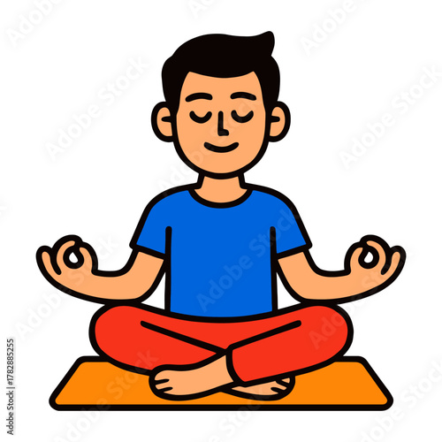 Cartoon male practicing yoga meditation with peaceful expression.