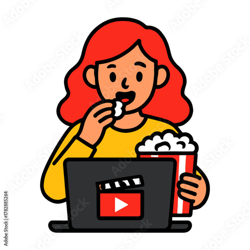 Asian female enjoying movie with popcorn on laptop.