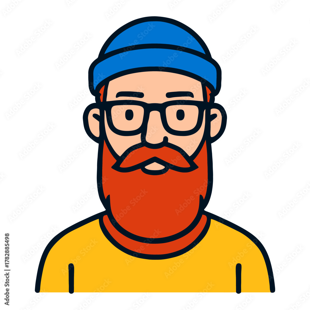 Obraz premium Illustrated bearded male with glasses and blue beanie.