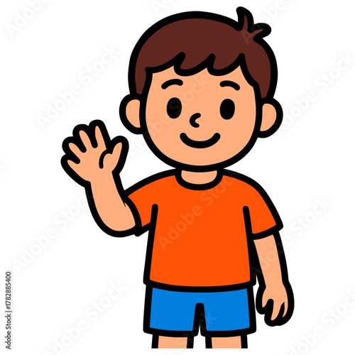 Cartoon illustration of smiling young caucasian boy with brown hair waving.