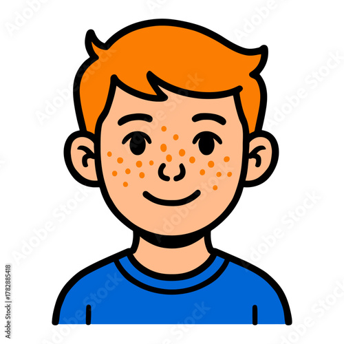 Cartoon illustration of freckled caucasian young male with red hair.