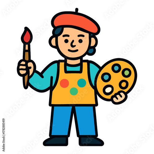 Cartoon artist holding paintbrush and palette in red beret and apron.