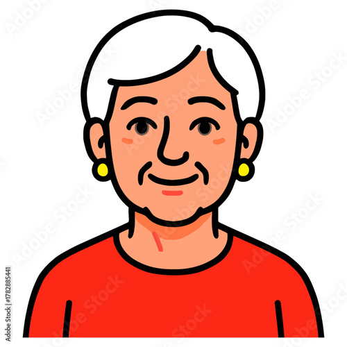Elderly female with gray hair in red shirt smiling - cartoon illustration.