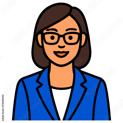 Female professional avatar in blue blazer with glasses.