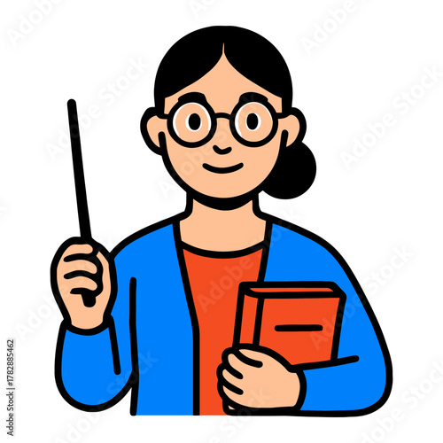 Illustrated female teacher holding a book and pointer.
