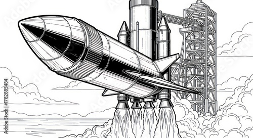 Fototapeta Naklejka Na Ścianę i Meble -  Black and white illustration of a rocket ship taking off into the sky
