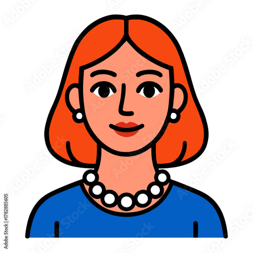 Cartoon portrait of a caucasian female with red hair and pearl necklace.