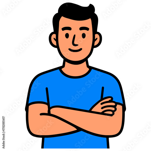 Charming young male character smiling with arms crossed.