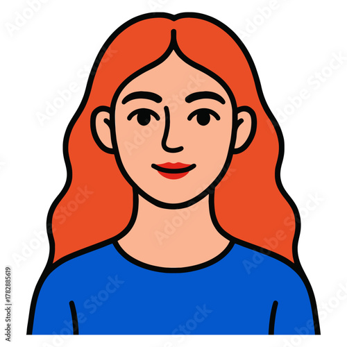 Illustrated young caucasian female with red hair and blue shirt.