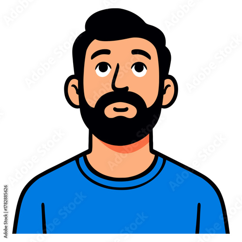 Cartoon portrait of bearded young caucasian male with blue shirt.