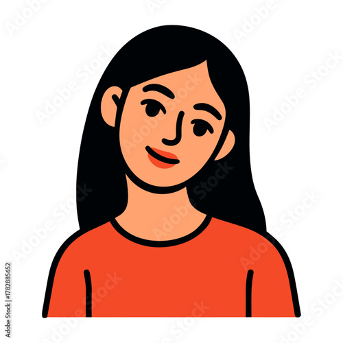 Asian female child with long black hair smiling in red shirt.