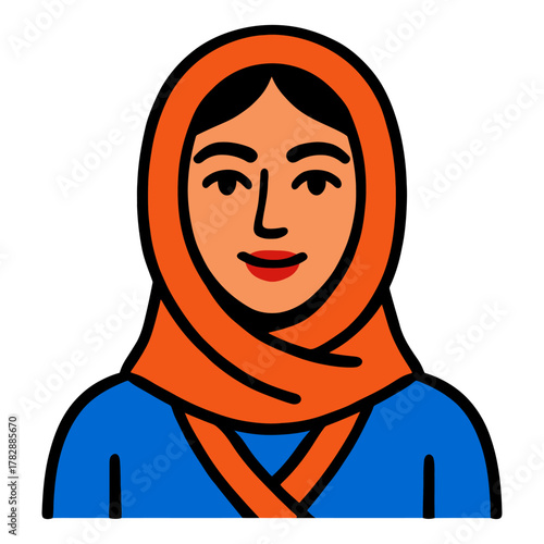 Smiling female illustration wearing orange hijab and blue outfit.