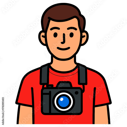 Young caucasian male photographer cartoon with camera and red shirt.