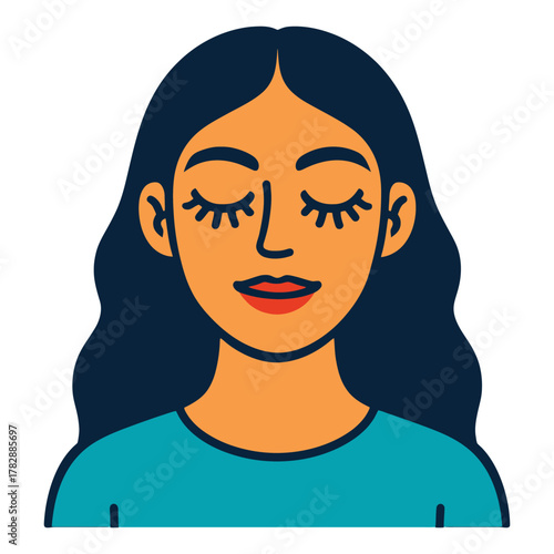 Young hispanic female with long hair and closed eyes smiling peacefully.