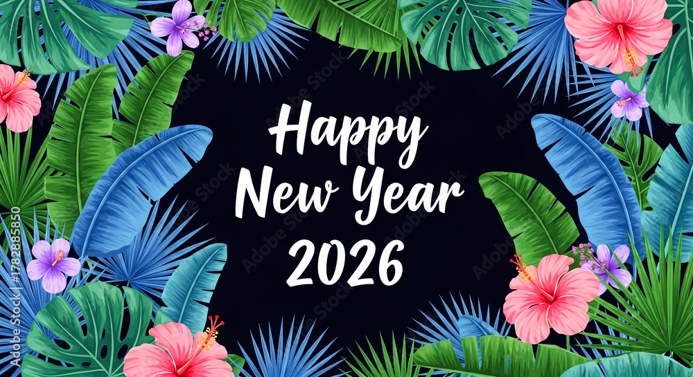Obraz premium Happy new year 2026 tropical floral design on a dark background