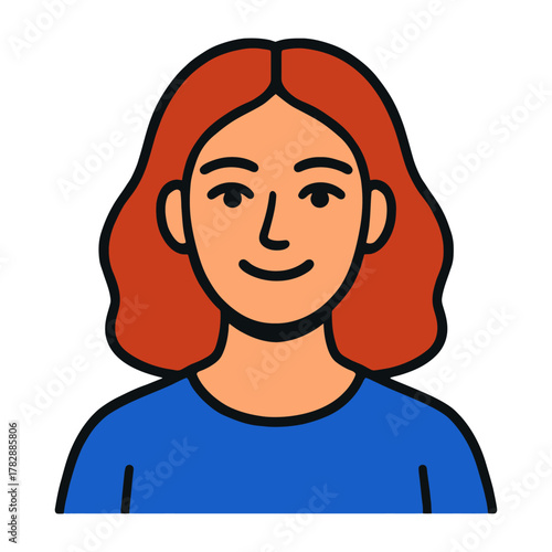 Smiling young female with red hair and blue shirt cartoon illustration.