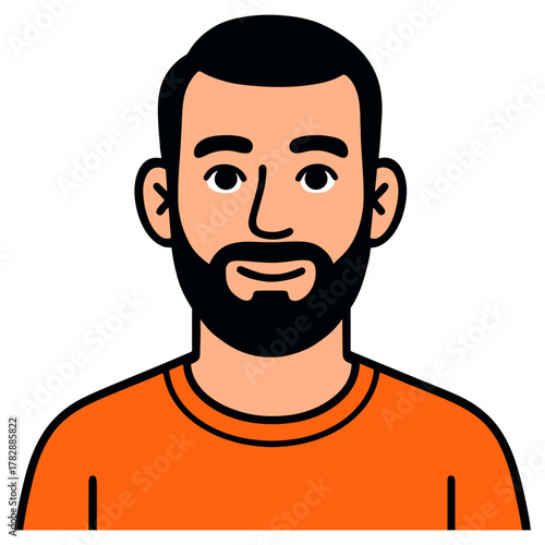 Illustrated male portrait with beard and orange shirt.