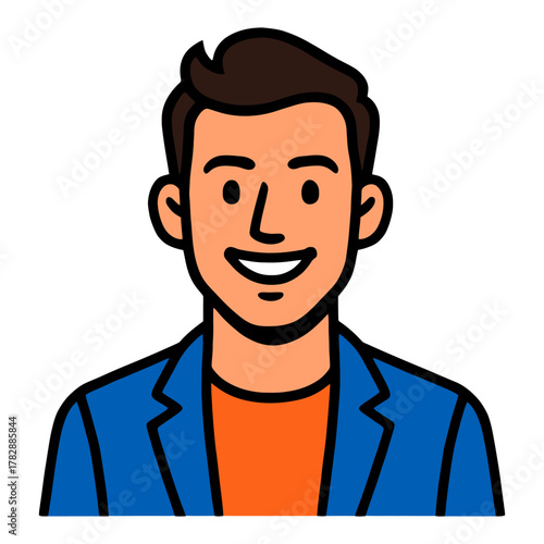 Smiling cartoon male character in blue blazer with brown hair.