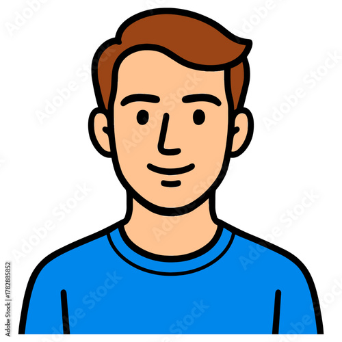Smiling cartoon portrait of young caucasian male in blue shirt.
