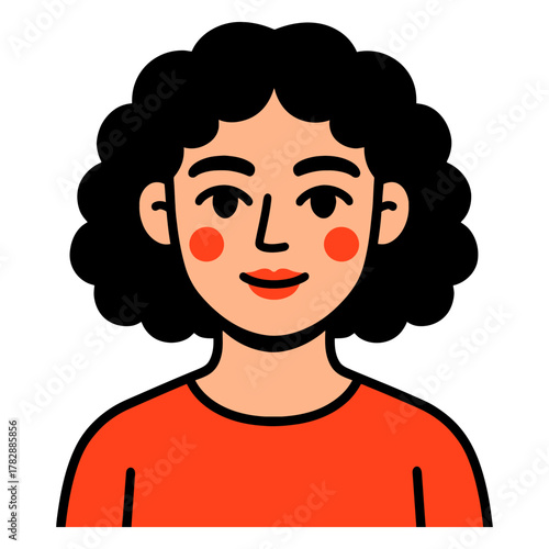Smiling cartoon woman with curly hair and red cheeks in orange shirt.