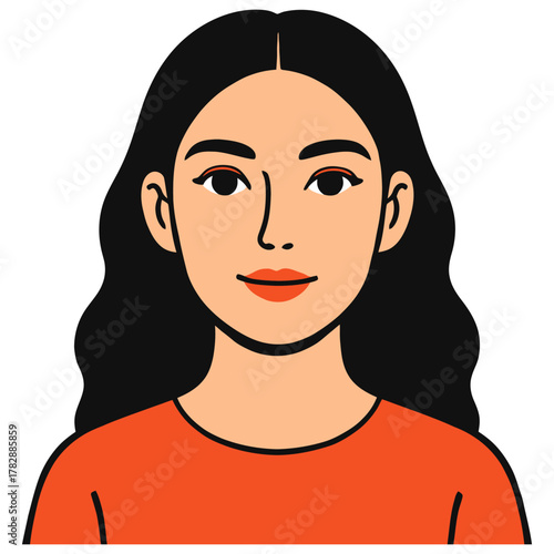 Young asian female with black hair and red shirt smiling.