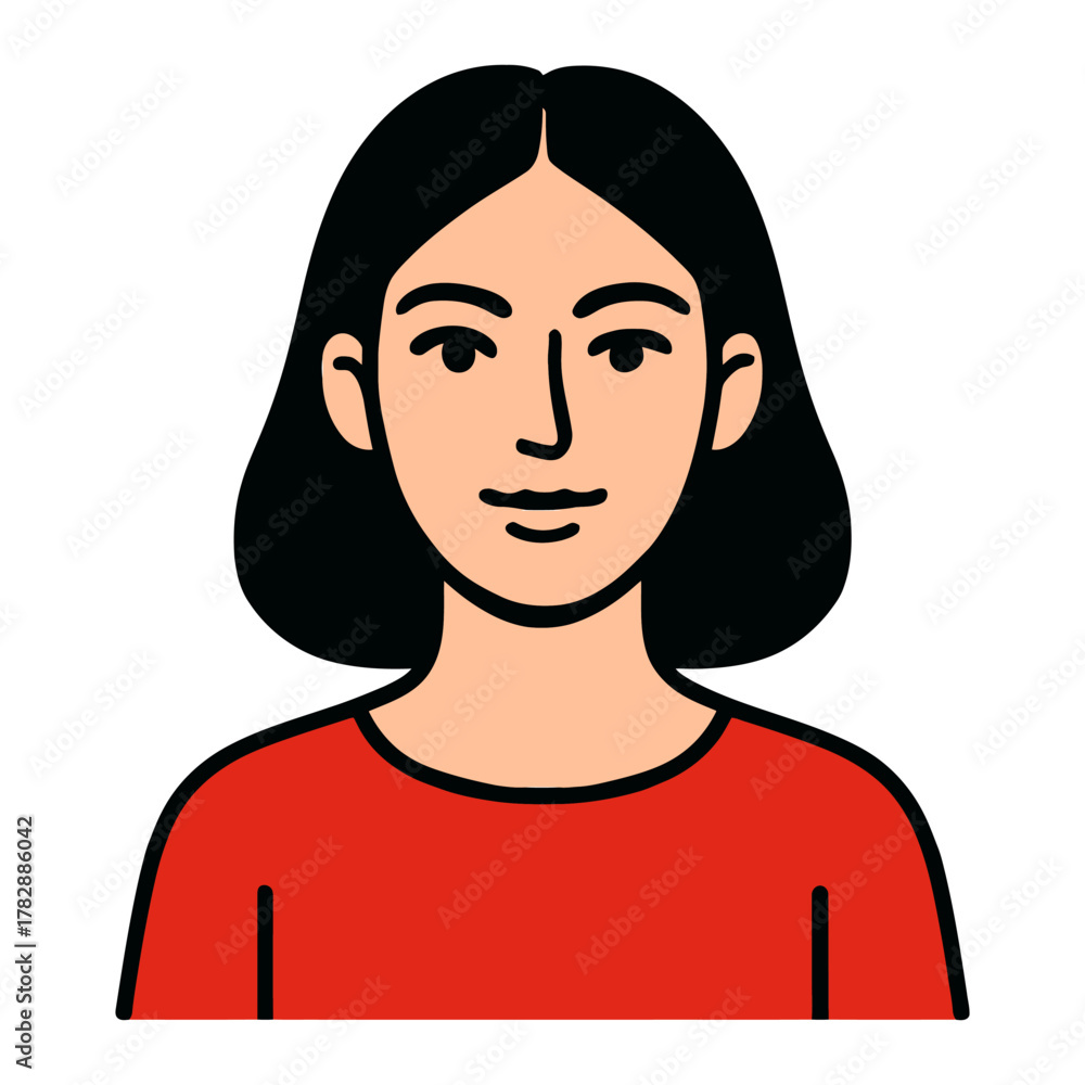 Fototapeta premium Smiling asian female young adult with black hair in red shirt.