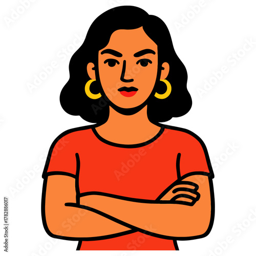 Confident female with arms crossed in red top.