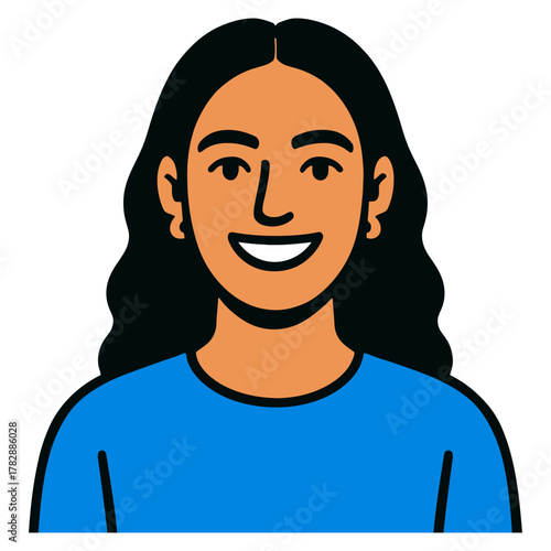 Smiling hispanic female avatar in blue shirt with long curly hair.