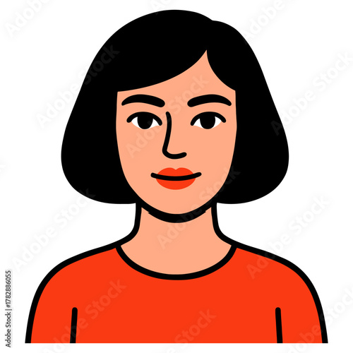 Illustration of female with short black hair and red shirt.