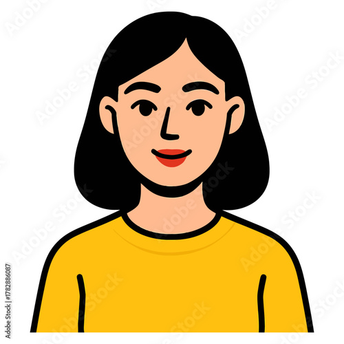 Smiling young asian female cartoon character with black hair in yellow shirt.