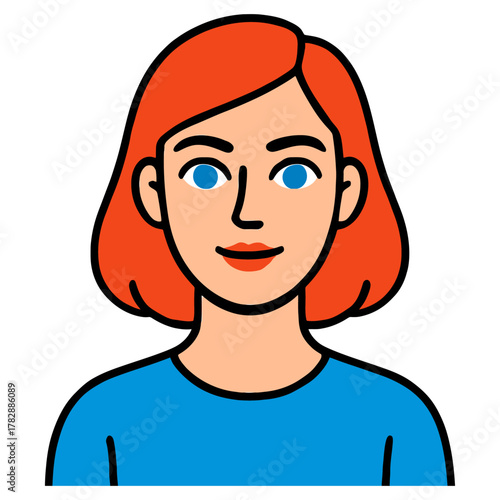 Cartoon portrait of woman with red hair and blue shirt.