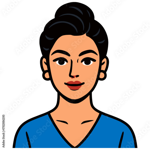 Illustration of young asian female with black hair in blue shirt.