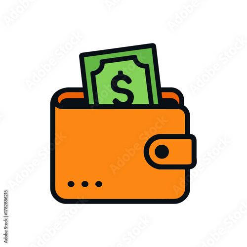 Orange wallet with green dollar bill icon on white background.