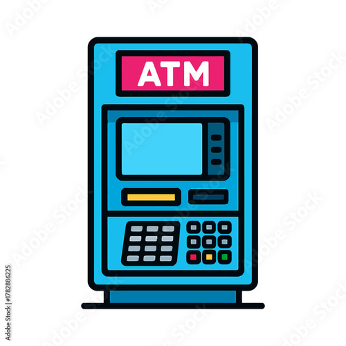 Blue atm machine icon with keypad and screen.
